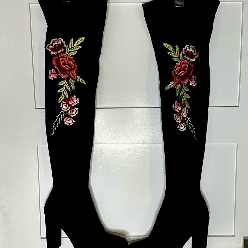 Steve Madden Black Over the Knee Boots with Red Floral Embroidery